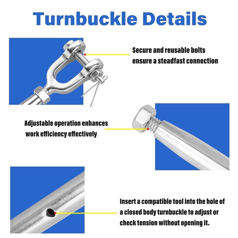 fshihine 4PCS Turnbuckle, 1/4" (M6) 304 Stainless Steel Turnbuckle, 1600lbs Working Load Limit, Closed Body Jaw and Jaw Turnbuckles for Cables Wire Tensioning, Shade Sail, Clothesline, String Lights - Image 2